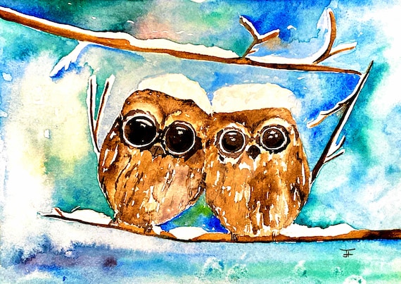 cute owls, original handmade watercolor as a Christmas card, to print out as a personal gift