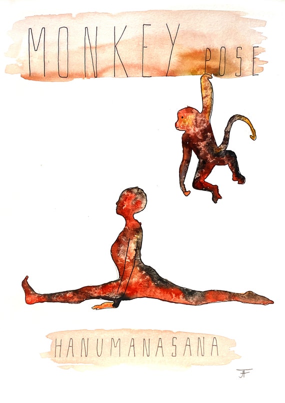 Watercolor painting to print yourself, direct from the artist, yoga, monkey yoga pose, wall decoration, fine art print