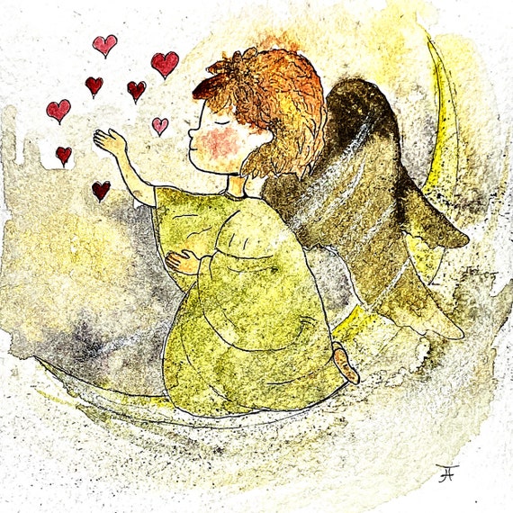 sweet Christmas angel, original hand-painted watercolor as a Christmas card to print out