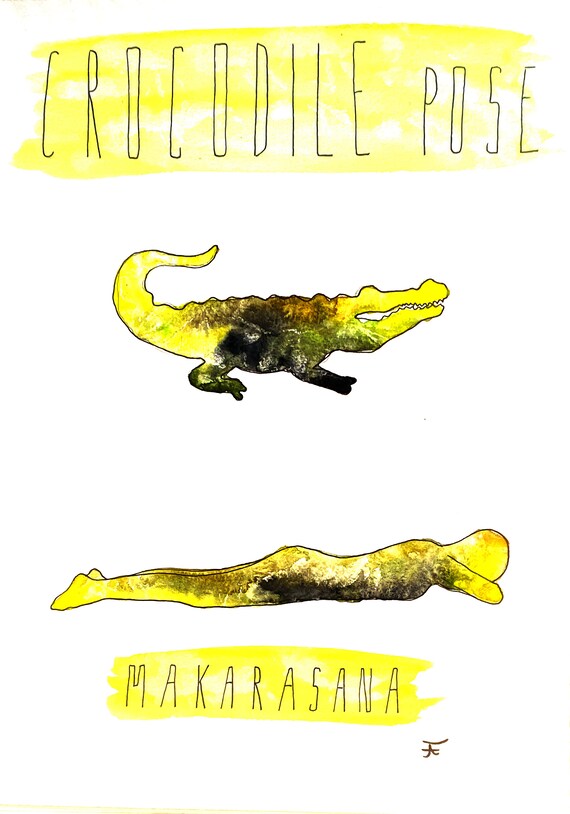 Watercolor painting to print yourself, directly from the artist, yoga, crocodile pose, wall decoration, fine art print