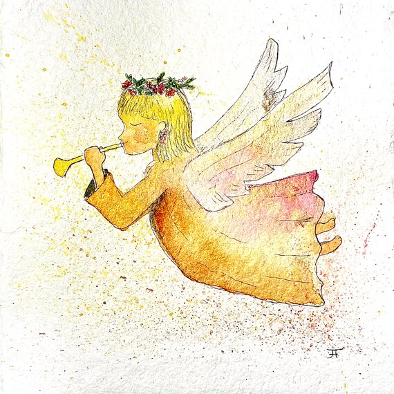 sweet Christmas angel, original hand-painted watercolor as a Christmas card to print out