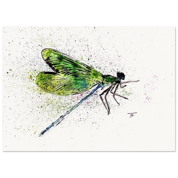hand painted watercolor, directly from the artist, art print, green yellow dragonfly, wall decoration, poster, card, gift