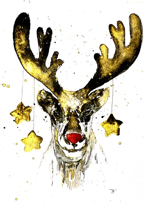 funny Christmas elk, original handmade watercolor as a Christmas card, to download,
