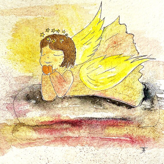 sweet Christmas angel, original hand-painted watercolor as a Christmas card to print out