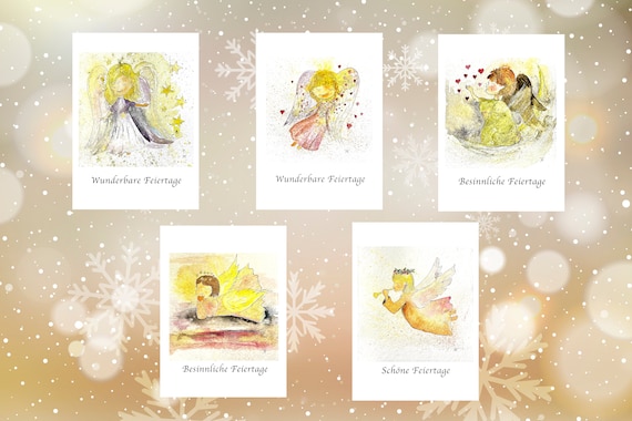 sweet Christmas angels, 5 Christmas cards in a set, original hand-painted watercolors, to print out, to give as a gift