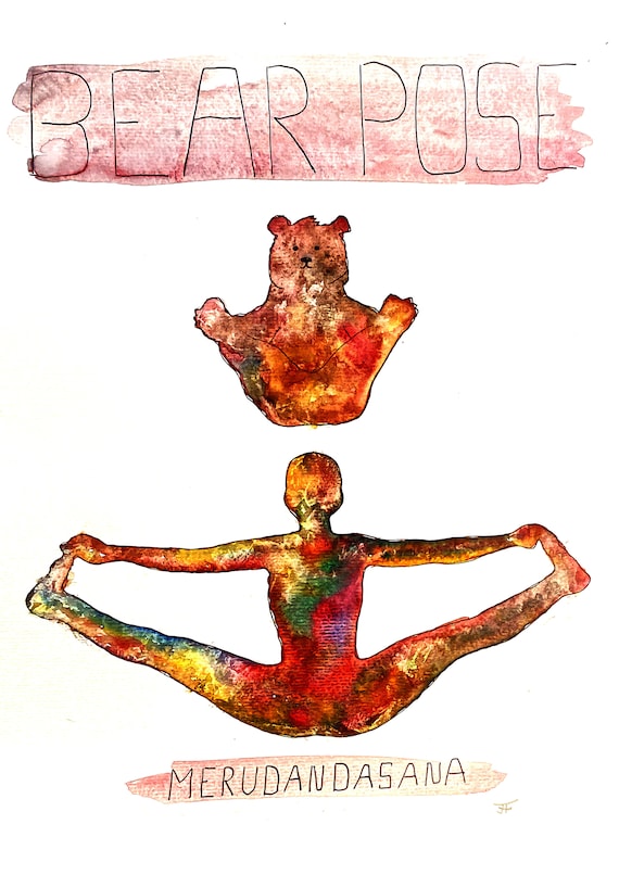 Watercolor painting to print yourself, directly from the artist, yoga, bear pose, wall decoration, fine art print