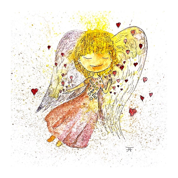 sweet Christmas angel, original hand-painted watercolor as a Christmas card to print out