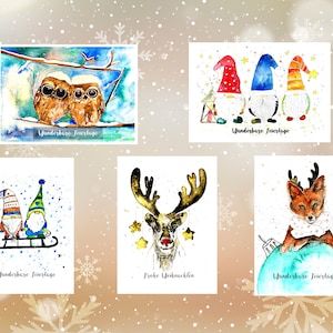 5 sweet Christmas motifs, Christmas cards in a set, original hand-painted watercolors, to print out, to give as a gift