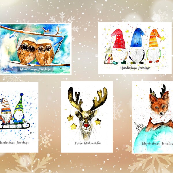 5 sweet Christmas motifs, Christmas cards in a set, original hand-painted watercolors, to print out, to give as a gift