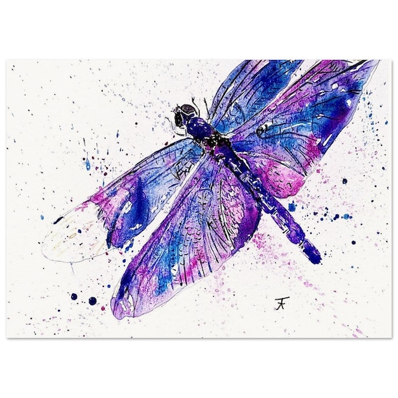 hand painted watercolor, direct from the artist, art print, purple dragonfly, wall decoration, poster, card, gift