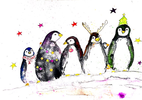 cute penguins, original handmade watercolor as a Christmas card, to print out as a personal gift