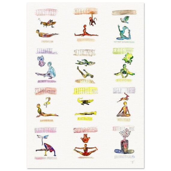 hand-painted watercolor painting directly from the artist, yoga, animal poses, wall decoration, fine art print - poster made of matte paper in museum quality