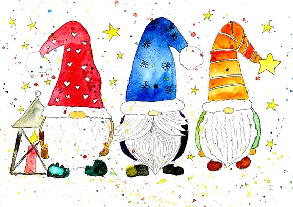 Gnomes, original handmade watercolor as a Christmas card, to be printed out as a personal gift