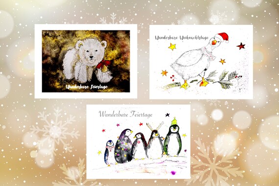 3 sweet Christmas cards hand-painted in a set, original hand-painted watercolors, to print out, to give as a gift