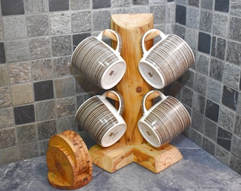 Mug Tree with Coaster Set, Rustic, Reclaimed Wood, Coffee Mug Holder, Mug Pole