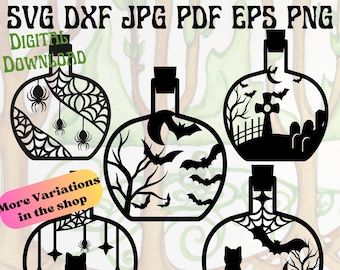 5 Potion flessen Svg, heksen fles Svg, toverdrank fles Svg, katten, vleermuizen, Halloween Svg, Wizard Svg, Alchemy svg, hout Halloween Deco