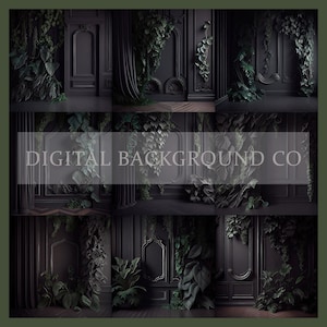 Black Wall With Greenery Digital Background, Fine Art Digital Backdrop, Maternity Backdrop Overlay, Elegant Room Digital, Set of 9