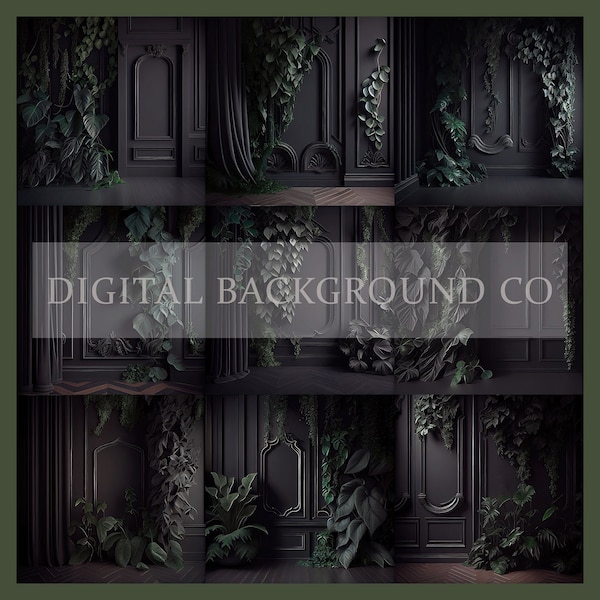 Black Wall With Greenery Digital Background, Fine Art Digital Backdrop, Maternity Backdrop Overlay, Elegant Room Digital, Set of 9