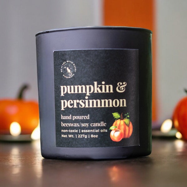 Pumpkin and Persimmon Soy Beeswax Wood Wick Non-Toxic Essential Oils | Fall Holiday Candle, Hand-Poured Scented Candles Gifts for Her