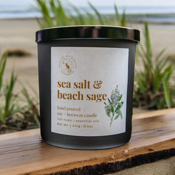 Sal marina refrescante + salvia de playa Cera de abejas de soja natural Mecha de madera Vela no tóxica Limpieza de habitaciones vertida a mano Velas perfumadas Regalos para ella Él