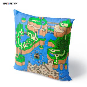Pixelkussen | SMW-wereldkaart | Sierkussen videogame | Retro gamerdecor en pixelartcadeau voor nerds