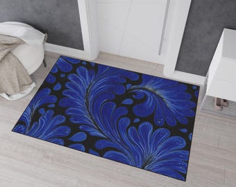 Blue Modern Art Non-Slip Floor Mat for Entryway, Kitchen & Bath – Low-Profile Rubber Back