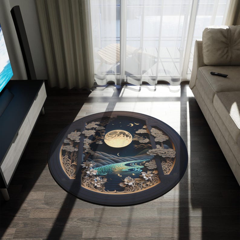 Celestial Rug – 60 Inch Round Moonlit Chenille Area Rug with Non-Slip Backing image 1