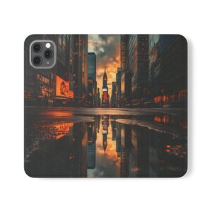 Étui pour téléphone à rabat respectueux de l'environnement en similicuir végétalien avec design Urban Skyline Sunset
