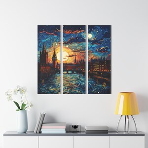 Van Gogh–Style London Triptych Acrylic Wall Art, Big Ben Starry Sky, 3-Panel 36x36 image 3