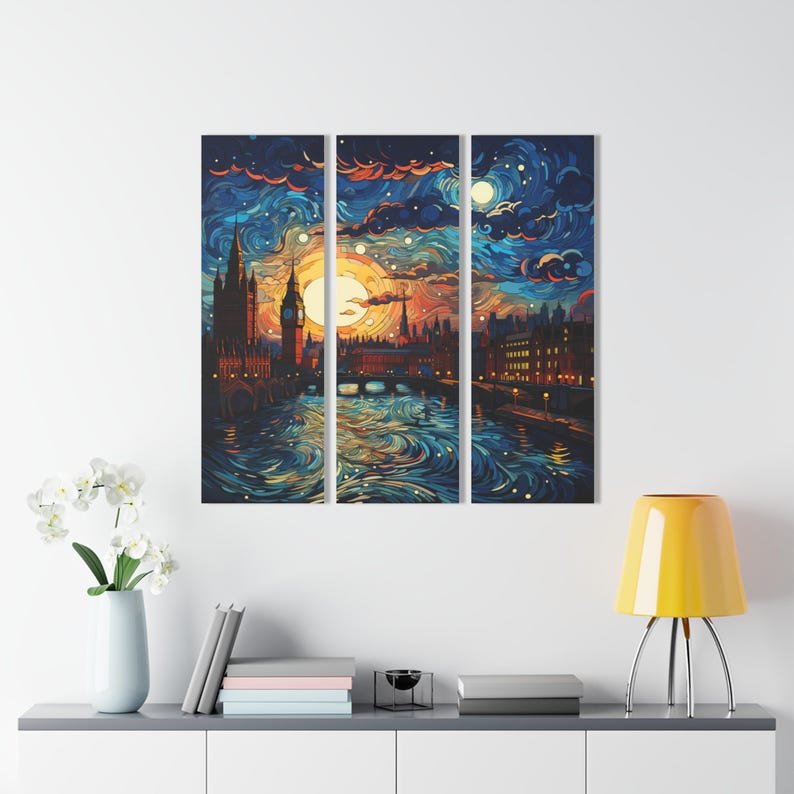 Van Gogh–Style London Triptych Acrylic Wall Art, Big Ben Starry Sky, 3-Panel 36x36 image 3