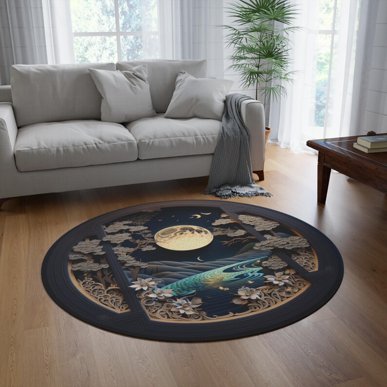 Celestial Rug – 60 Inch Round Moonlit Chenille Area Rug with Non-Slip Backing image 4