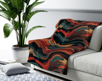 Manta de sherpa bohemia de felpa, forro polar naranja quemado y verde azulado, cálida decoración bohemia para el hogar.