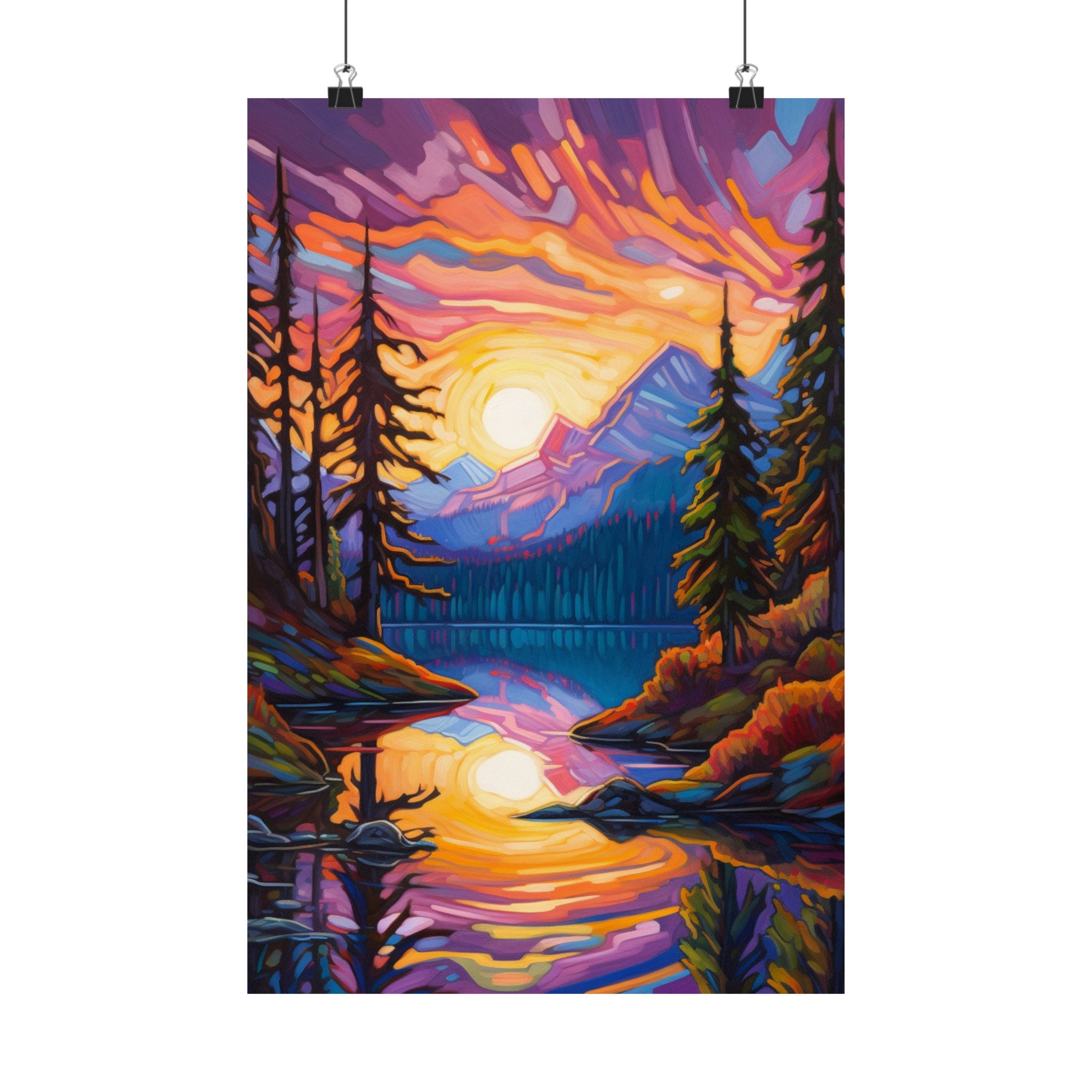 Art Nouveau Mountain Sunset Poster displayed in a modern living room setting