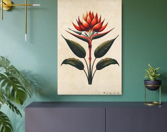 May include: A rectangular wall art print featuring a stylized illustration of a vibrant red and orange tropical flower with dark green leaves on a textured cream background. The artwork is displayed in a vertical orientation.