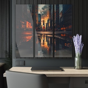 Urban Sunset Cityscape Triptych – Modern 3-Piece Acrylic Wall Art