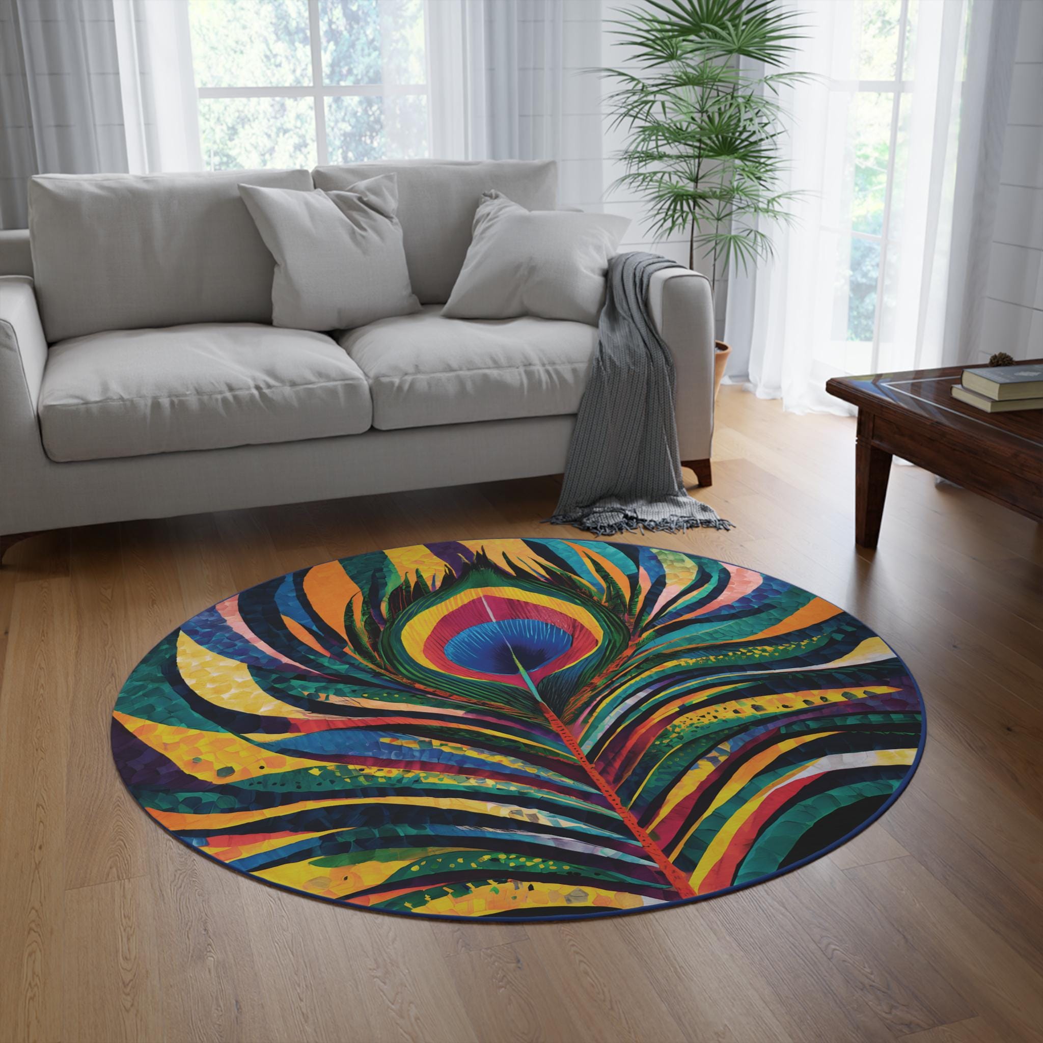 60 inch Round Peacock Feather Area Rug featuring vibrant blue, purple, and green colors with plush chenille texture