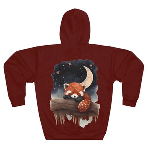 All-Season Dreamy Red Panda Unisex Maroon Hoodie - Moonlit Starry Night Design