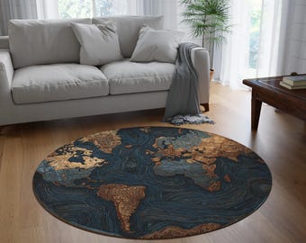 Vintage World Map Rug: Round Chenille Boho Accent (60 inch)
