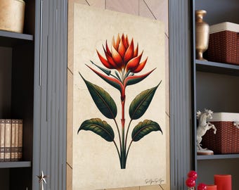May include: A vertical wall art print featuring a stylized orange and red tropical flower with dark green leaves on a textured cream background. The artwork is displayed on a geometric wood panel wall between two dark shelving units.
