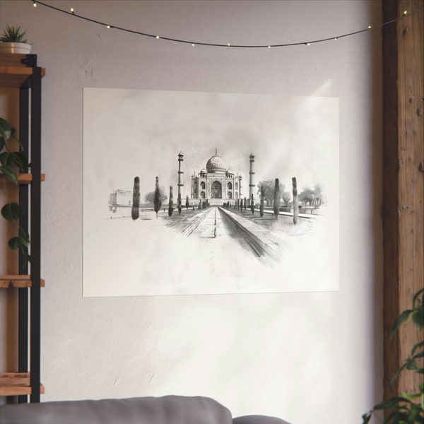 Detailed Taj Mahal Pencil Sketch | Museum-Grade Matte Horizontal Poster |  Wall Art Decor