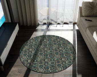 Blue Boho Round Rug, Teal Concentric Circle Chenille Area Rug, 60 Inch