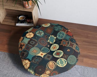 Tufted Round Boho Floor Pillow - Medallion Mosaic Cushion for Cozy Floor Seating