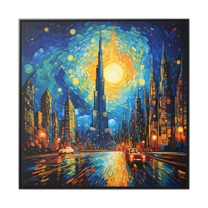 Van Gogh Inspired Dubai Cityscape Painting - Burj Khalifa Expressionist Canvas Art