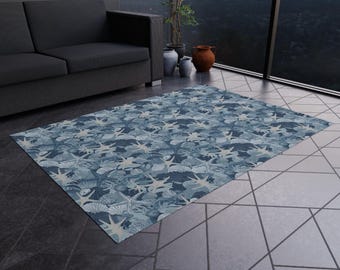 Buitentapijt kust – zeester en schelpen, blauw crème, antislip, meerdere maten
