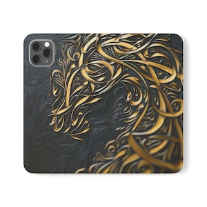 Luxe vegan leren flipcase met gouden accenten, standaard en kaarthouder