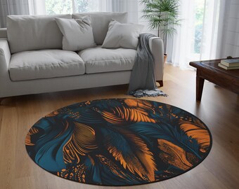 60 Inch Round Chenille Rug: Blue & Orange Feather Design