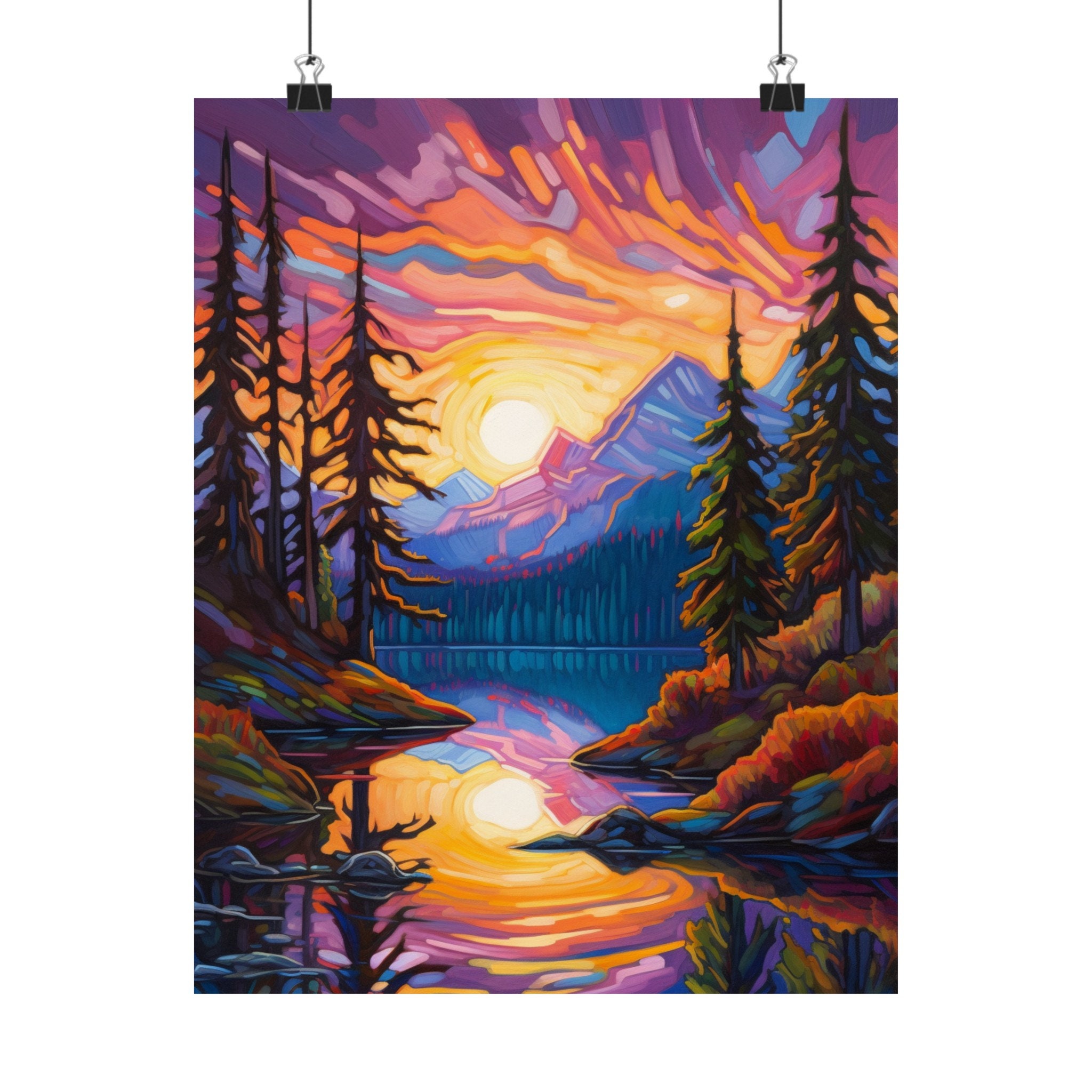 Close up detail of the Art Nouveau Mountain Sunset Poster showing intricate patterns and mountains