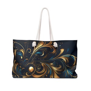 May include: A black tote bag with a white rope handle and a gold and blue floral design.