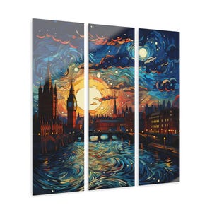Van Gogh–Style London Triptych Acrylic Wall Art, Big Ben Starry Sky, 3-Panel 36x36 image 1