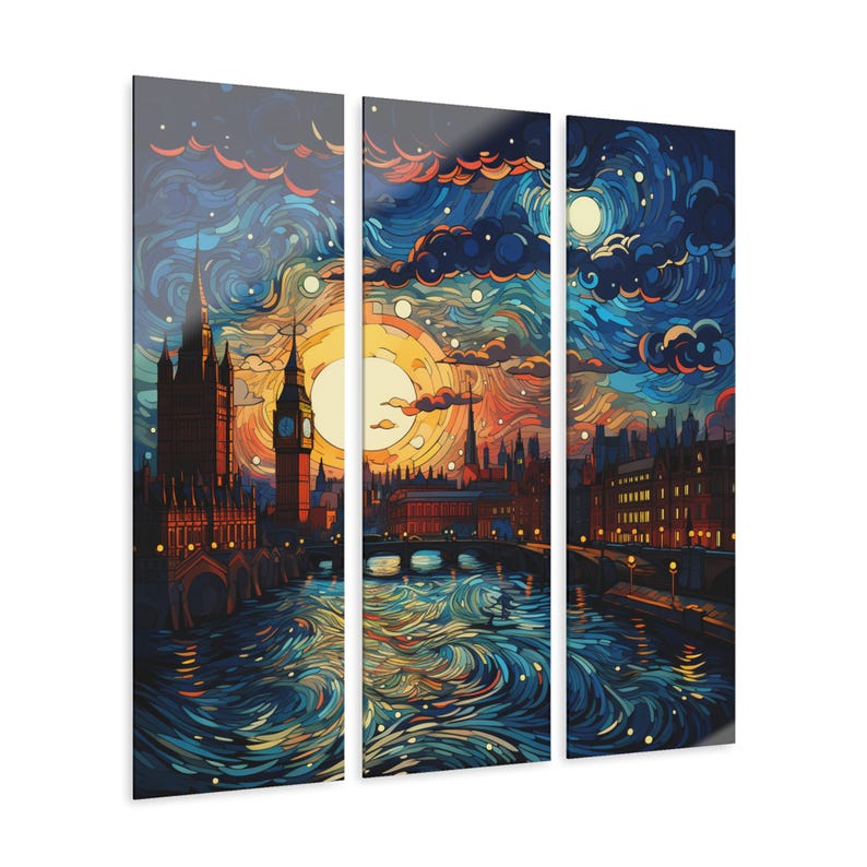 Van Gogh–Style London Triptych Acrylic Wall Art, Big Ben Starry Sky, 3-Panel 36x36 image 1